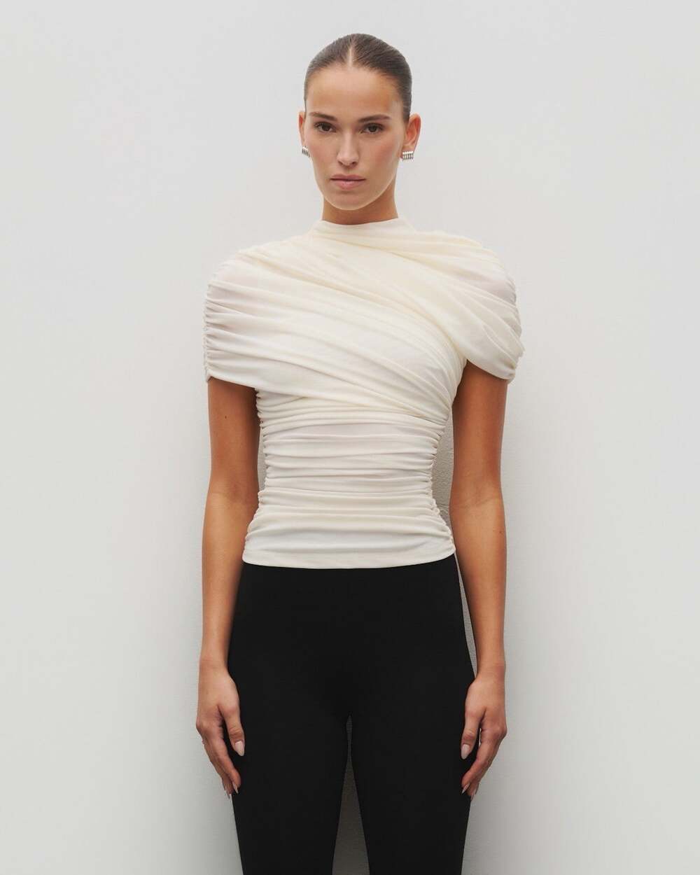 NWT Heiress Beverly Hills Draped Shoulder Power Mesh Sculpted Top Ivory S